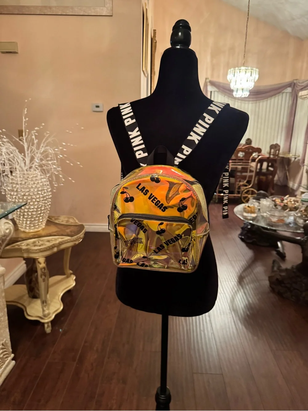 Victoria's Secret PINK Clear Iridescent transparent Backpack gold LAS VEGAS